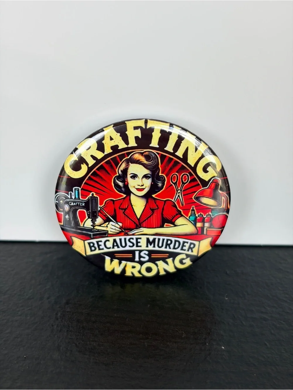 Novelty Pin Humor Crafting “Because Murder Is Wrong Retro Button Pin”